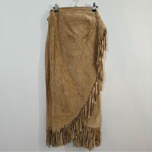 Vtg Desperado Natural Brown Suede Leather Fringe Western Midi Wrap Skirt Medium